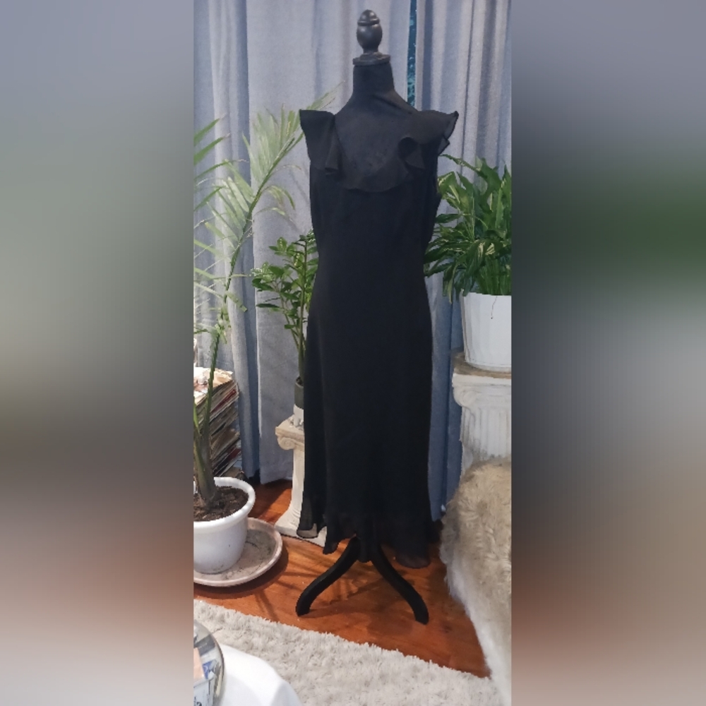 Elegant Black Dress, Ruffle Neck Line, Ruffle Hem Size 14